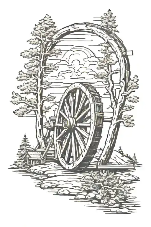 wagon wheel and pine trees in the background tattoo design idea