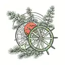 pine tree background and wagon wheel   tattoo design idea