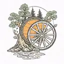 pine tree background and wagon wheel   tattoo design idea