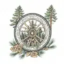pine tree background and wagon wheel   tattoo design idea