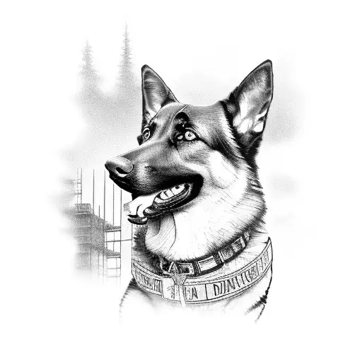 A black and grey tattoo of a German Shepherd standing proudly next to a construction site, symbolizing loyalty, protection, and the client's occupation as a construction manager tattoo design idea
