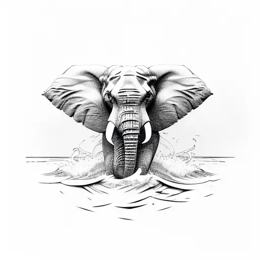 elephant emerging from wave as trunk breaks into feathers tattoo design idea