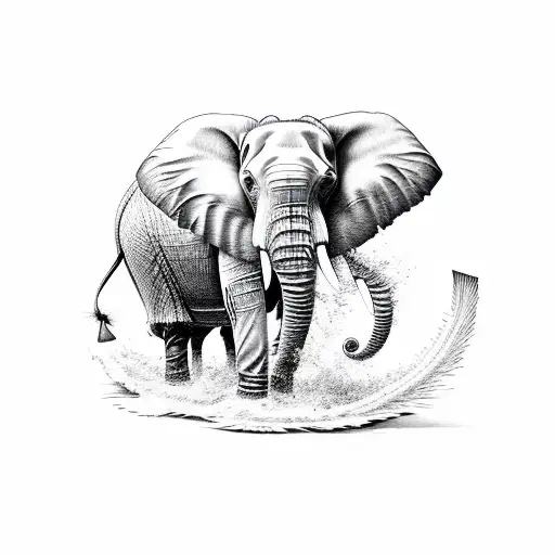 elephant emerging from wave as trunk turns into feathers tattoo design idea