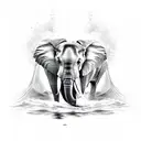 elephant emerging from wave as trunk breaks into feathers tattoo design idea