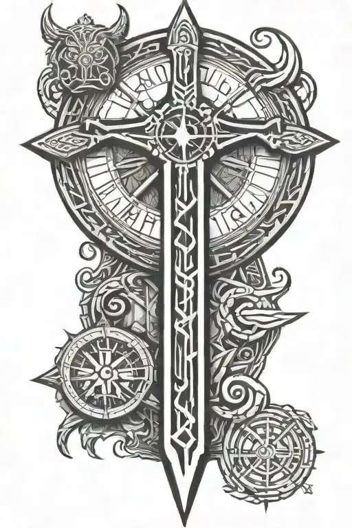 viking runes and compass with thor hammer  tattoo design idea