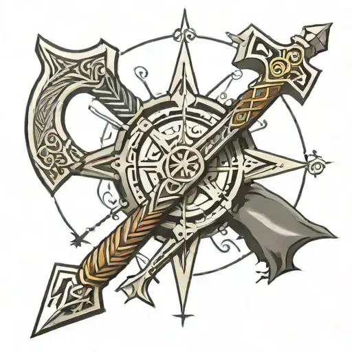 thor's hammer and compass with viking runes around tattoo design idea