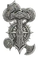 thor's hammer and nordic compass with viking runes around tattoo design idea