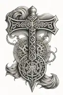 thor's hammer and nordic compass with viking runes around tattoo design idea