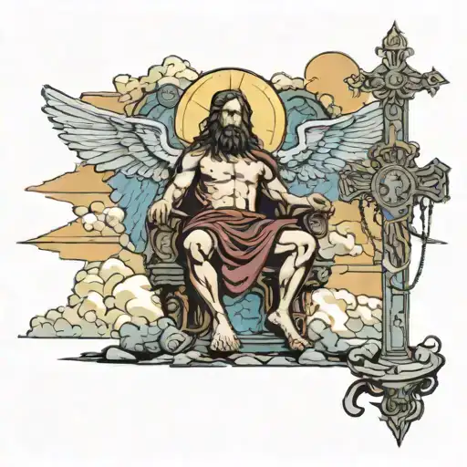 zues Jesus throne clouds angels lighting cross  tattoo design idea