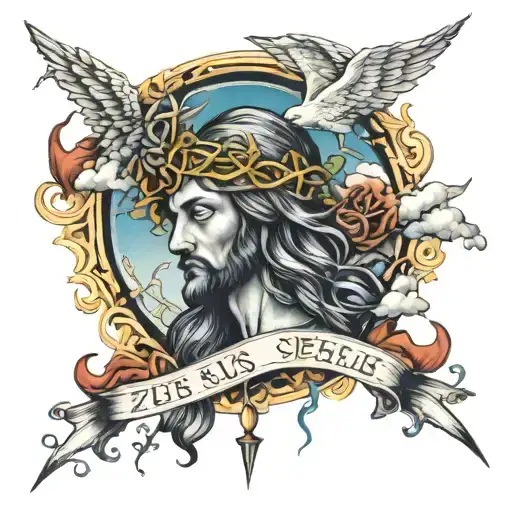 Zues Jesus combined thorns names Ronda Faye Joanna Dorthy crosses clouds angel’s lighting bolt tattoo design idea