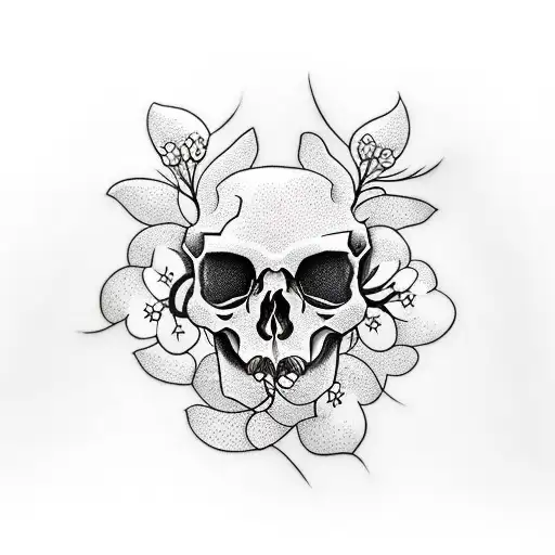 animal skull with Sakura blossoms, dark tattoo tattoo design idea