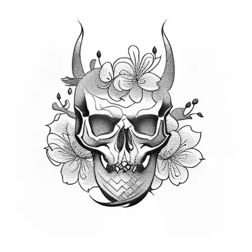 animal skull with Sakura blossoms, dark tattoo tattoo design idea
