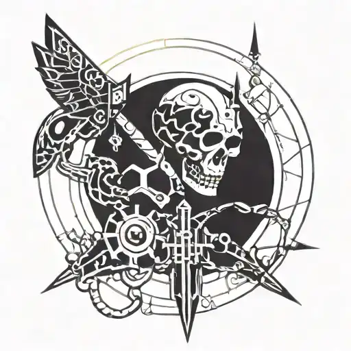 Combine elements of the Necron dynasty symbols with futuristic technology to create a unique warhammer 40k inspired tattoo design tattoo design idea