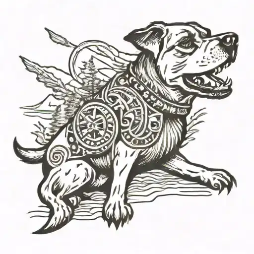 A traditional style tattoo of a loyal dog standing guard over a family of outdoor enthusiasts, symbolizing protection and companionship tattoo design idea