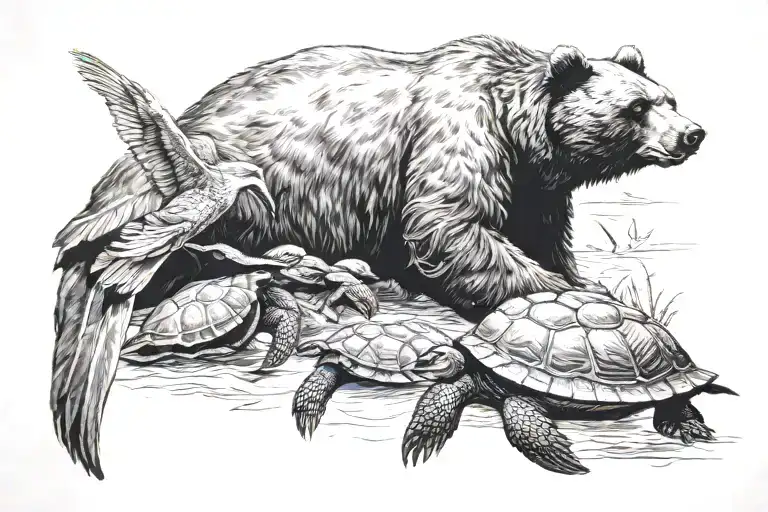 bear, pelican, turtle tattoo design idea