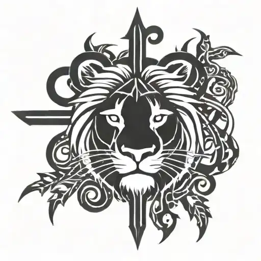 cross with thorns wrapping around it. lion's head on the lower left and lamb on the lower right tattoo design idea