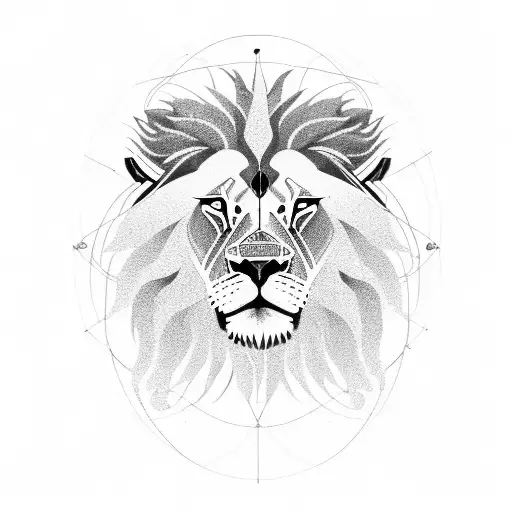 An engineer's blueprint of a lion's face with African tribal patterns tattoo design idea