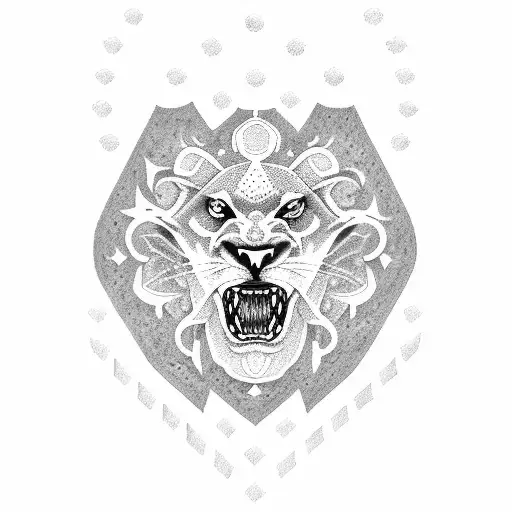 Design a dotwork tattoo of a shield with a roaring lion's head tattoo design idea