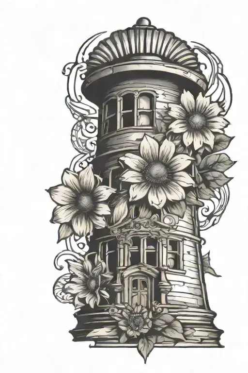 seashell with gerber daisy and a liberty bell tower shape tattoo design idea