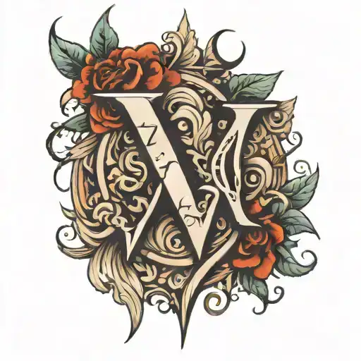 the letters V and an inverted V and an inscription between them tattoo design idea