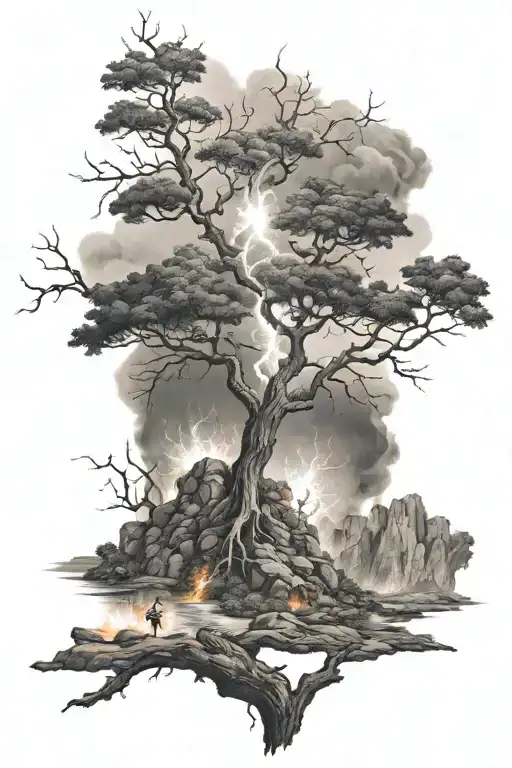 man at burning bush split ocean mountain with lightning tattoo design idea