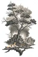 man at burning bush split ocean mountain with lightning tattoo design idea