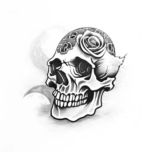 skull, moon, roses and snake tattoo design idea