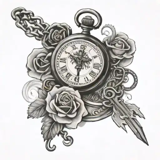 pocket watch with Roman numerals with a chain that has a crucifix in the middle and a rose below it and cloud background tattoo design idea