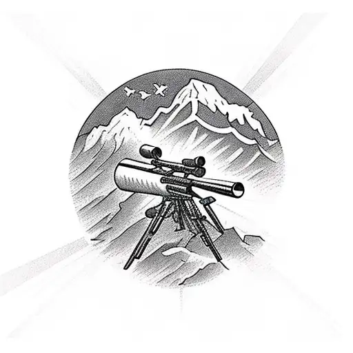 A sniper aiming through a scope with a mountain range as the backdrop tattoo design idea