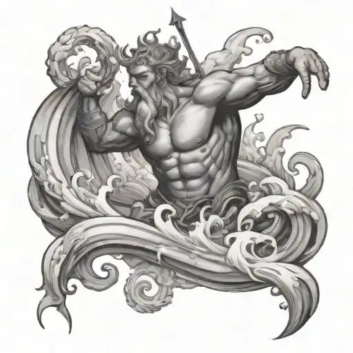 Poseidon body, big end of a trident, ocean wave crashing in the background tattoo design idea
