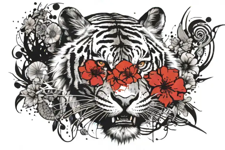 Sun And Moon cherry blossom tiger tribal tattoo design idea