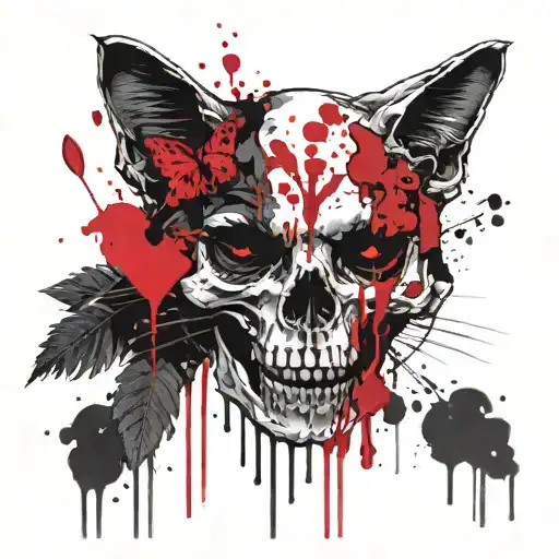 A skull with a cute cat and a bleeding heart, tattoo design idea