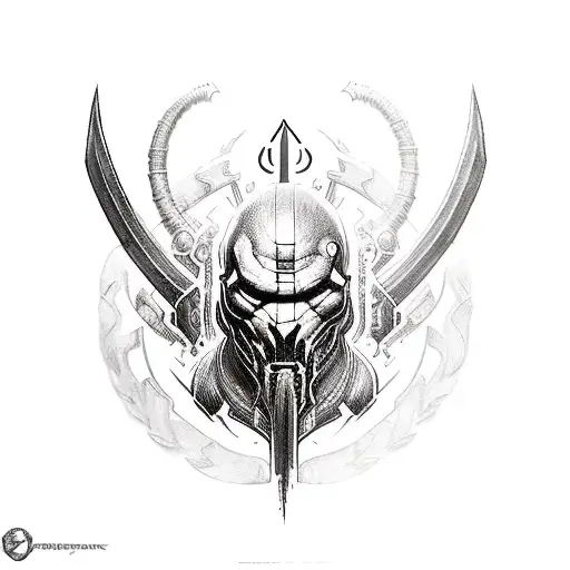 a gaming sleeve focusing on symbols from half life, diablo, god of war, warframe, and destiny 2 tattoo design idea
