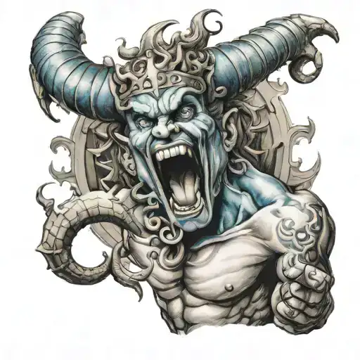 Greek god fighting demon throwing fire out mouth with blue eyes  tattoo design idea