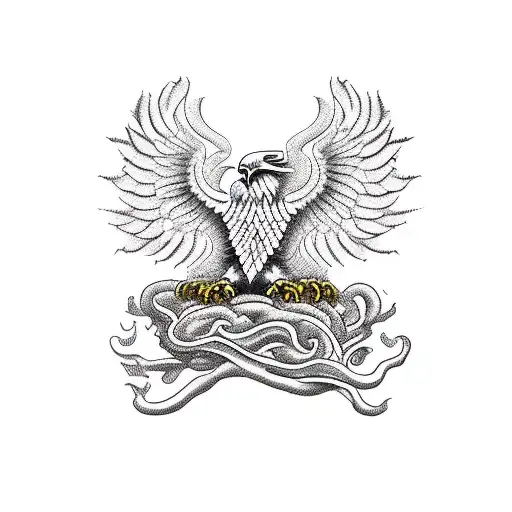 A majestic eagle holding a glass of wine in its talons, with a Gadsden flag draped over its wings tattoo design idea