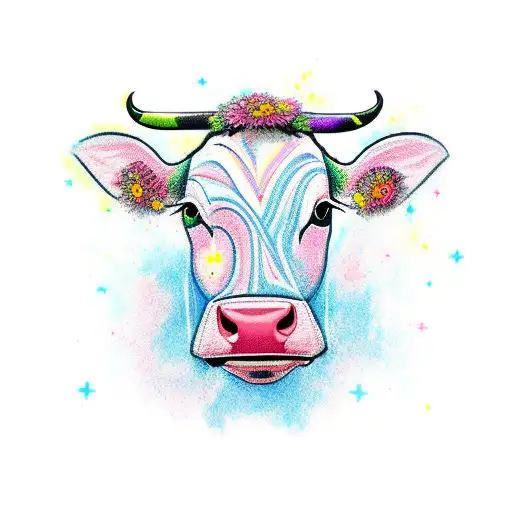 Cow outline with zinnia tattoo design idea