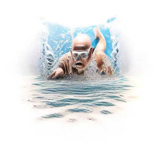 a man diving head first into a water puddle in the dersert but coming out on the otherside in a tropical paradise tattoo design idea