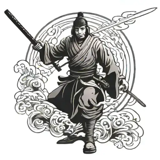 Samurai warrior wielding a katana in a dramatic pose tattoo design idea