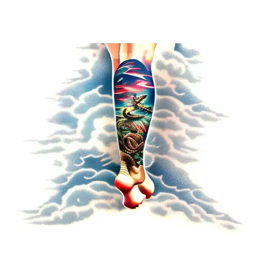 leg sleeve with dark clouds at the top and lighting down to the top of the knee with marine life down under tattoo design idea