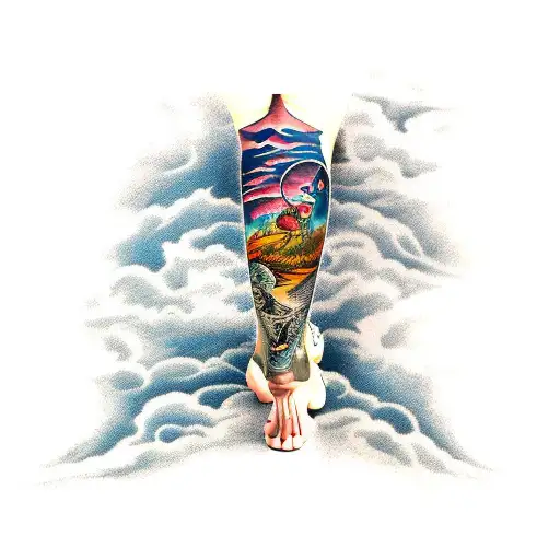leg sleeve with dark clouds at the top and lighting down to the top of the knee with marine life down under tattoo design idea