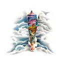 leg sleeve with dark clouds at the top and lighting down to the top of the knee with marine life down under tattoo design idea