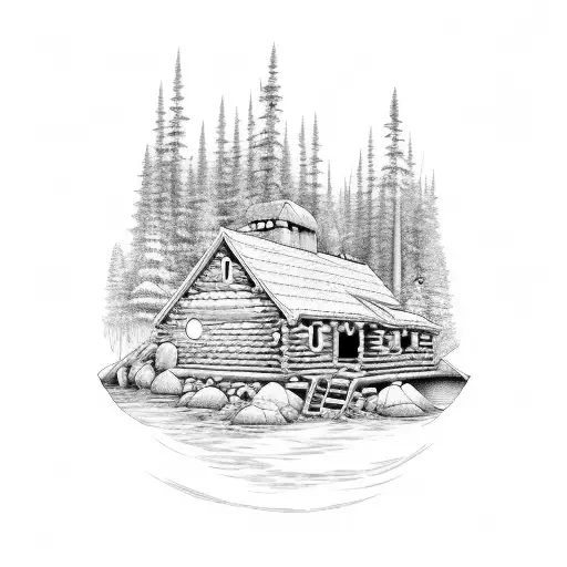nature, cabin, river, fire, waterfall, deer, bear catching fish, birds, mountains, aroura borealis  tattoo design idea