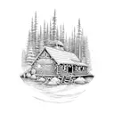nature, cabin, river, fire, waterfall, deer, bear catching fish, birds, mountains, aroura borealis  tattoo design idea