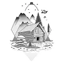 nature, cabin, river, fire, waterfall, deer, bear catching fish, birds, mountains, aroura borealis  tattoo design idea