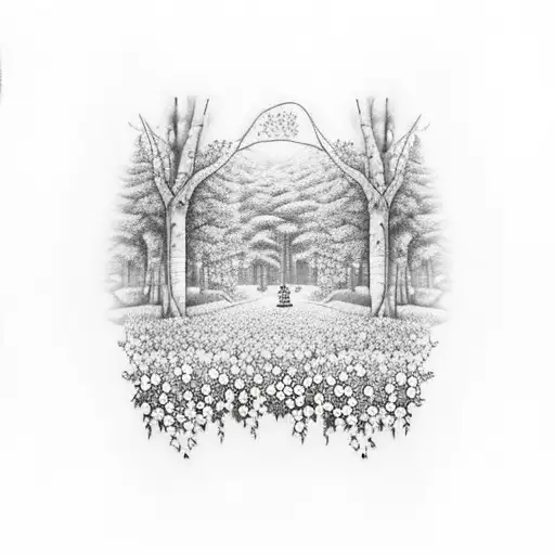A forest landscape with chess pieces hidden among the trees, surrounded by roses and forget-me-nots tattoo design idea