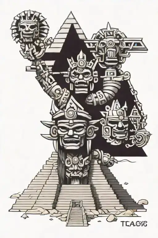 Tlaloc y pyramid tattoo design idea