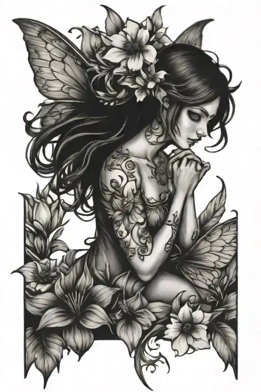 Fairy sitting in flowers tattoo design idea