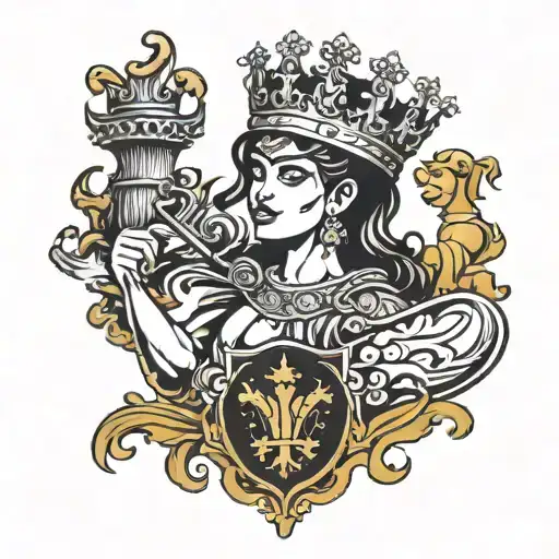 trinacria with angry sexy face wearing crown in front of Lucca coat of arms. Black ink neo trad tattoo design idea