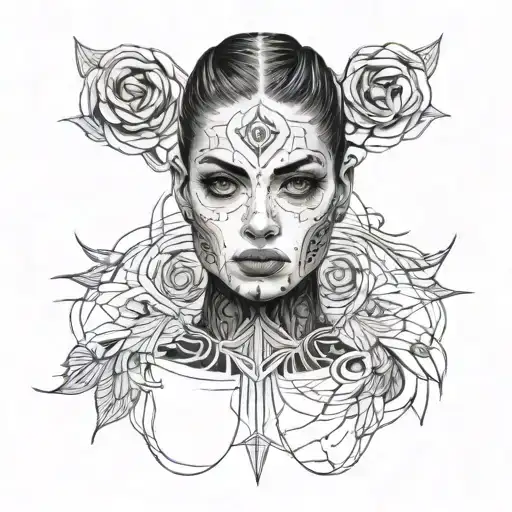 portrait of a front-face woman with full white eyes and an intimidating looking  tattoo design idea