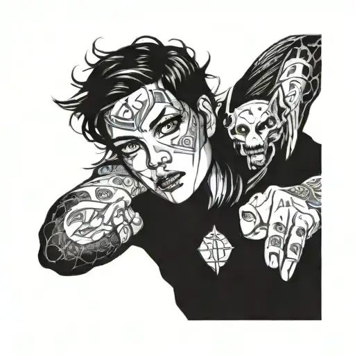 a front face guardian woman with mid-short hair and white baggy eyes and an intimidating looking  tattoo design idea